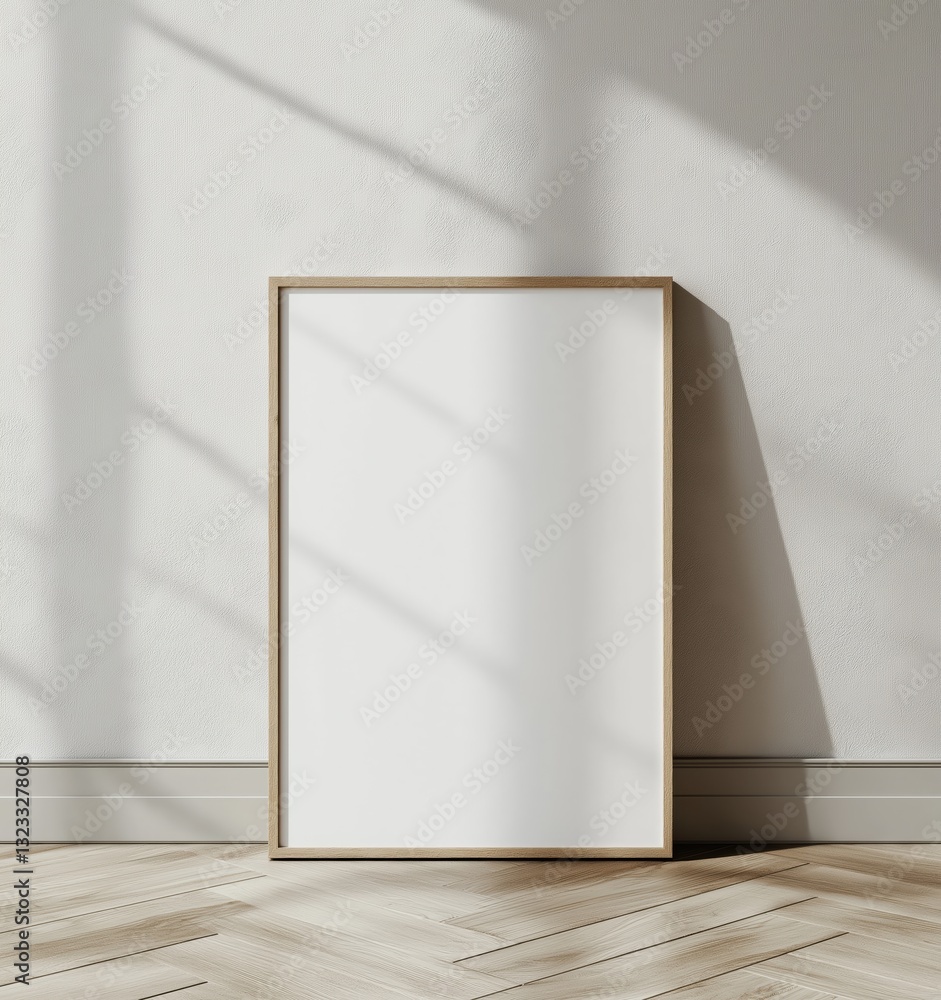 Mockup Front View Frame Leaning on Textured Wall with Sunlight on Parquet Floor. Neutral Interior, Modern Design, Art Display, Blank Canvas. Mockup Front View Frame Leaning on Textured Wall with Sunlight on Parquet Floor. Neutral Interior, Modern Design, Art Display, Blank Canvas.