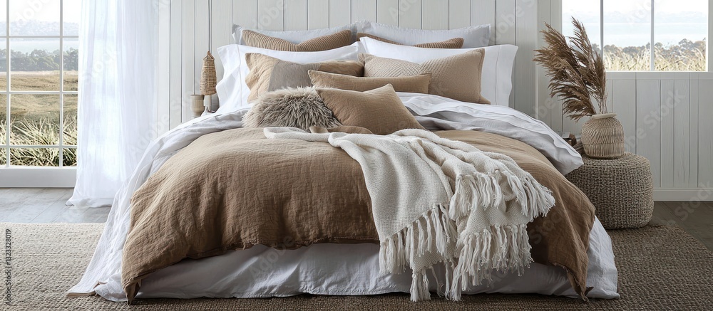Beige and white bedding with layered throws and pillows.