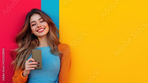 A woman in a blue and orange top holds her phone and smiles, standing in front of a vibrant blue and yellow split background, radiating positivity.