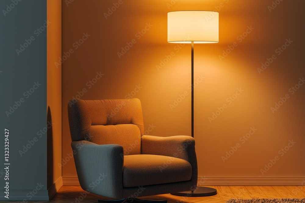 Beige armchair with a modern floor lamp in a cozy corner.