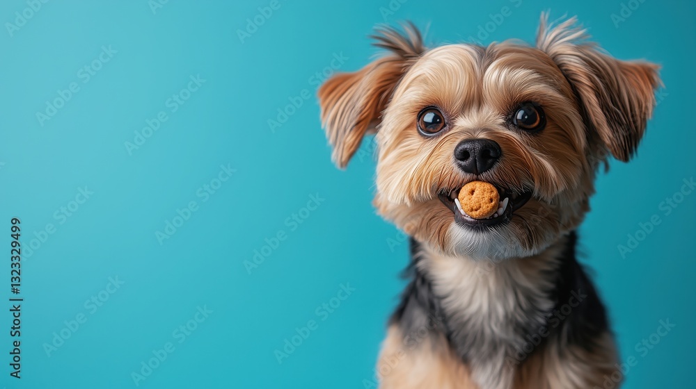 A small Yorkshire Terrier holding a treat in its mouth, with a playful expression on a turquoise background. Ideal for promoting pet treats or pet care products. A small Yorkshire Terrier holding a treat in its mouth, with a playful expression on a turquoise background. Ideal for promoting pet treats or pet care products.