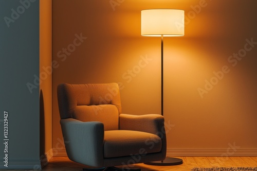 Obraz na płótnie Beige armchair with a modern floor lamp in a cozy corner. w salonie