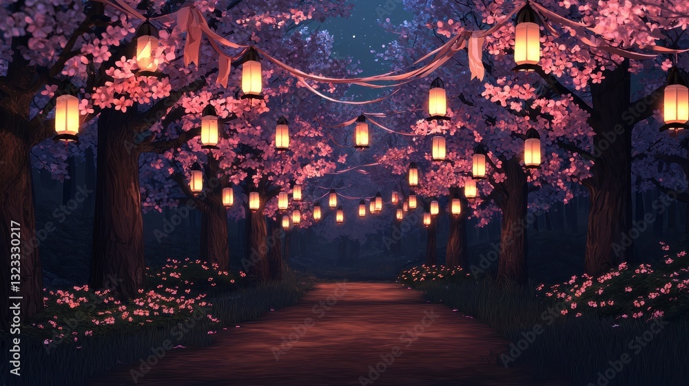 Fototapeta premium A serene path illuminated by lanterns, surrounded by blooming cherry blossoms, creating a tranquil and enchanting atmosphere.