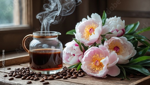 Fototapeta Naklejka Na Ścianę i Meble -  Freshly brewed coffee in a glass jar with steam rising, surrounded by delicate pink peonies and scattered coffee beans on a wooden table.