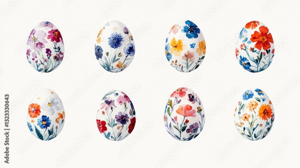 Floral Easter eggs, spring decoration, white background, holiday card design Floral Easter eggs, spring decoration, white background, holiday card design