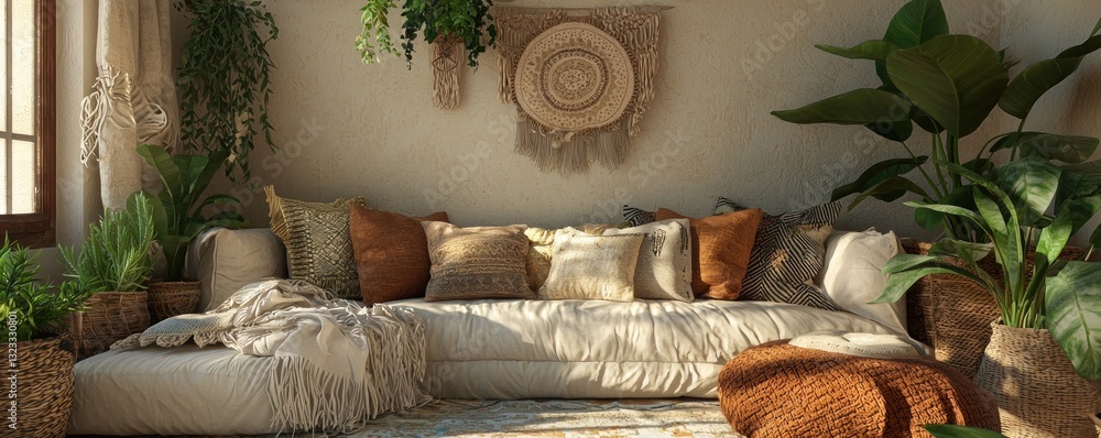 Beige boho living space with plants and layered textiles.