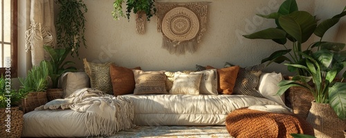Obraz na płótnie Beige boho living space with plants and layered textiles. w salonie