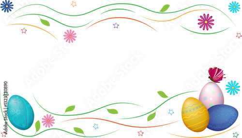 Beautiful background with colorful Easter eggs, flowers and a butterfly