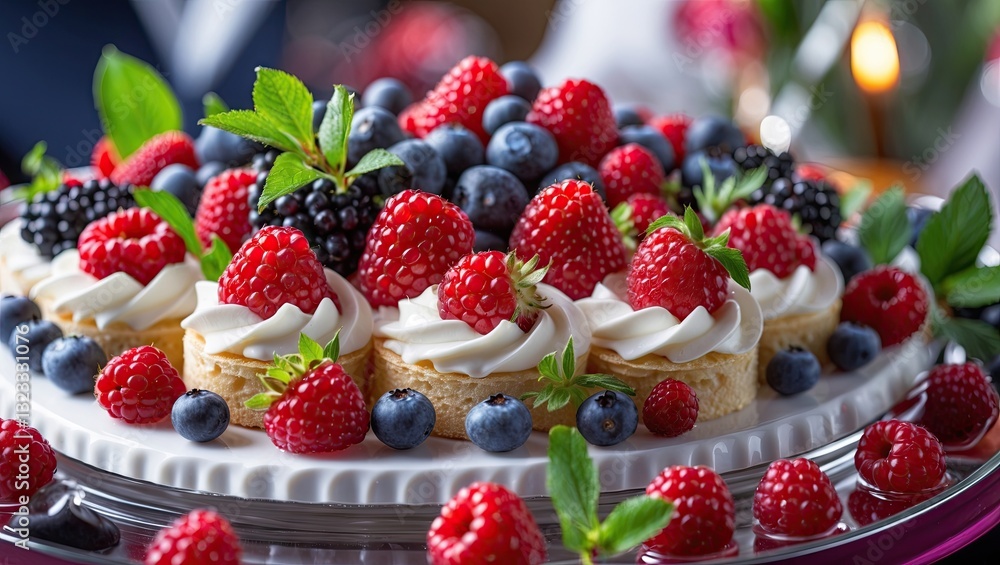 Delicious fruit tart garnished with fresh raspberries blueberries and blackberries on a white plate surrounded by green mint leaves vibrant colors Delicious fruit tart garnished with fresh raspberries blueberries and blackberries on a white plate surrounded by green mint leaves vibrant colors