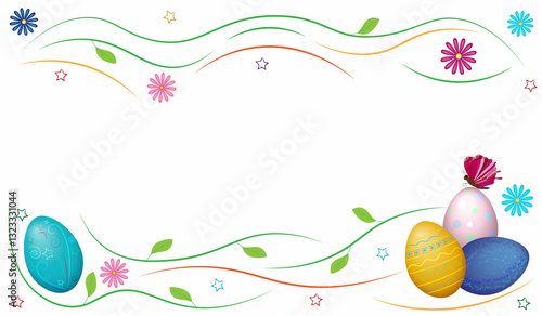 Beautiful background with colorful Easter eggs, flowers and a butterfly