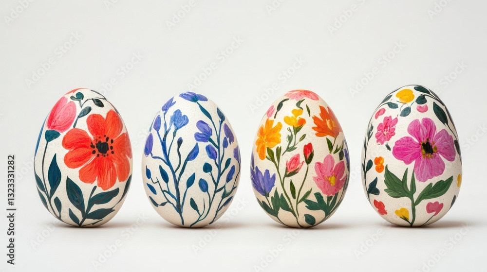 Fototapeta premium Painted floral Easter eggs, spring celebration, white background, greeting card design