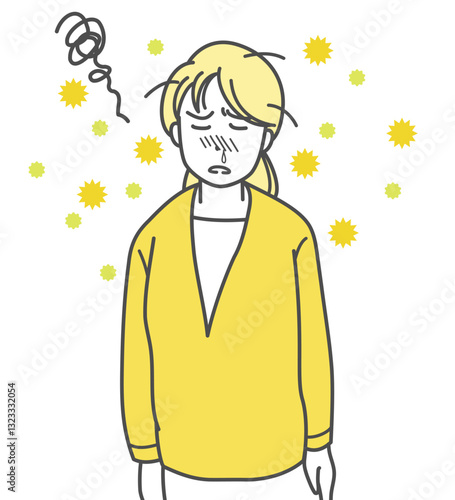 花粉症による鼻づまりでフラフラの女性のイラスト