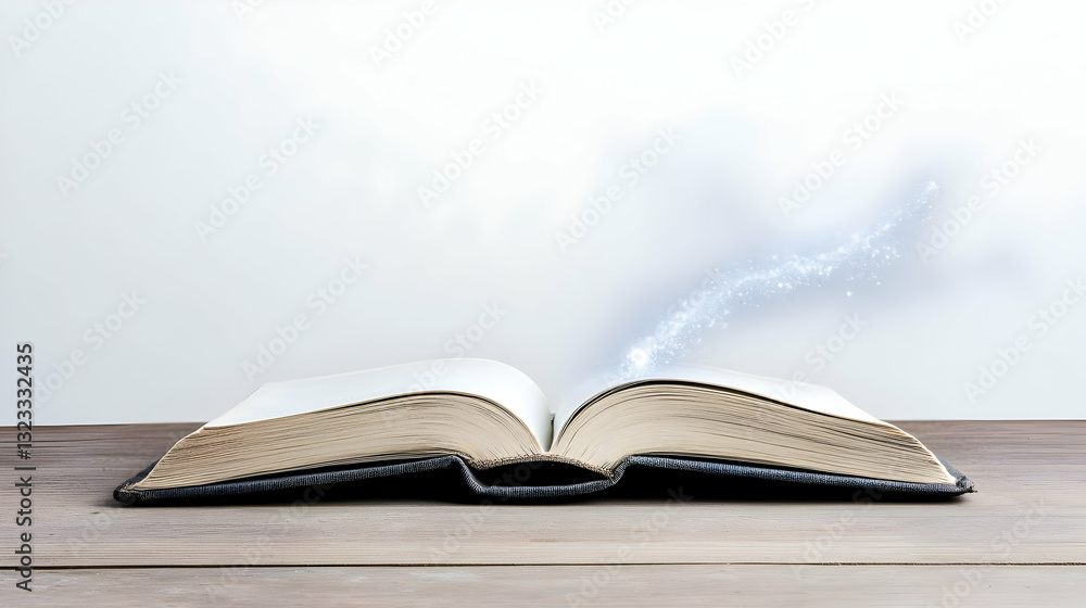 Open Book on Wooden Table with Sparkling Light Effects and White Background Open Book on Wooden Table with Sparkling Light Effects and White Background