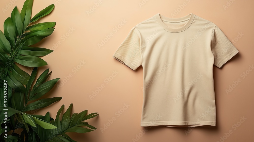A beige t-shirt neatly laid out on a neutral background with green plant accents. The simplicity and earthy tones suggest an eco-conscious and relaxed fashion style. A beige t-shirt neatly laid out on a neutral background with green plant accents. The simplicity and earthy tones suggest an eco-conscious and relaxed fashion style.