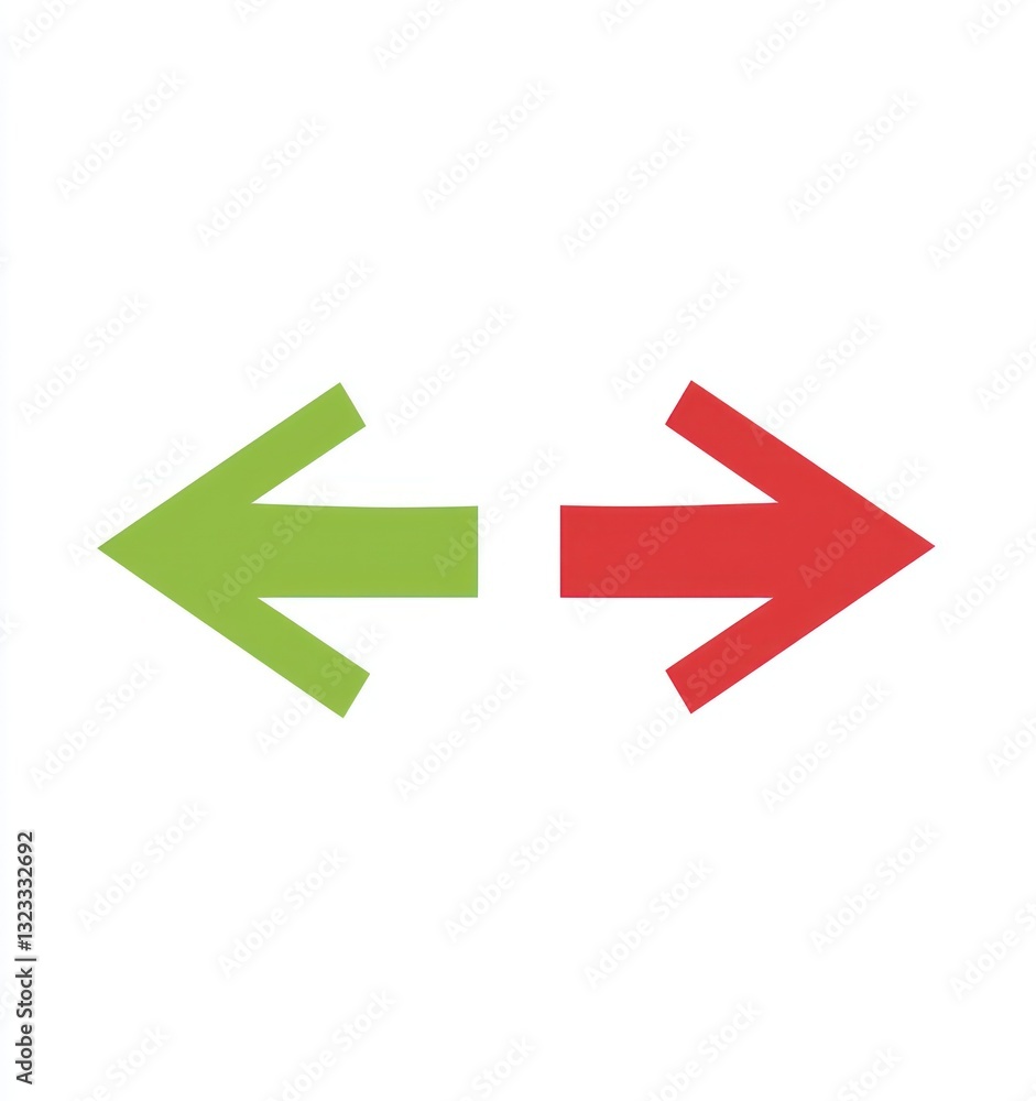 Red and green arrows pointing opposite, simple vector on white. Red and green arrows pointing opposite, simple vector on white.