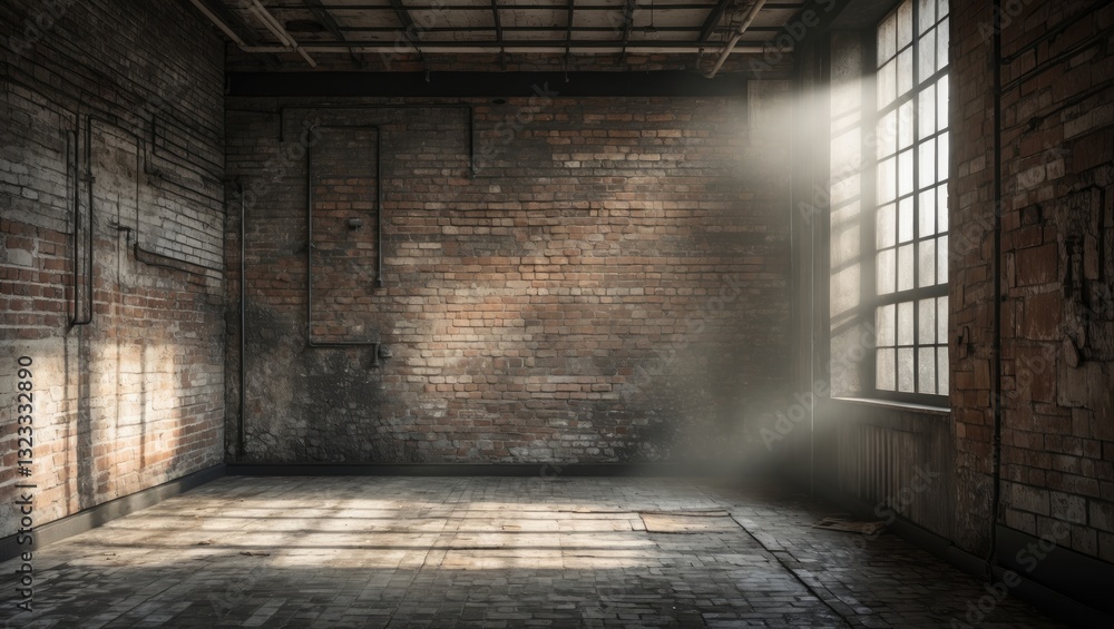 Grunge industrial interior with a textured brick wall and diffuse lighting from a large window creating soft shadows on the floor. Grunge industrial interior with a textured brick wall and diffuse lighting from a large window creating soft shadows on the floor.