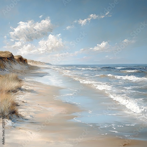 Soft summer beach with gentle waves and pale pastel colors in a vintage oil painting style, sea Wall art poster