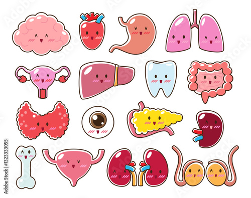 Collection of human internal organs with cartoon face style . Editable stroke . Vector .
