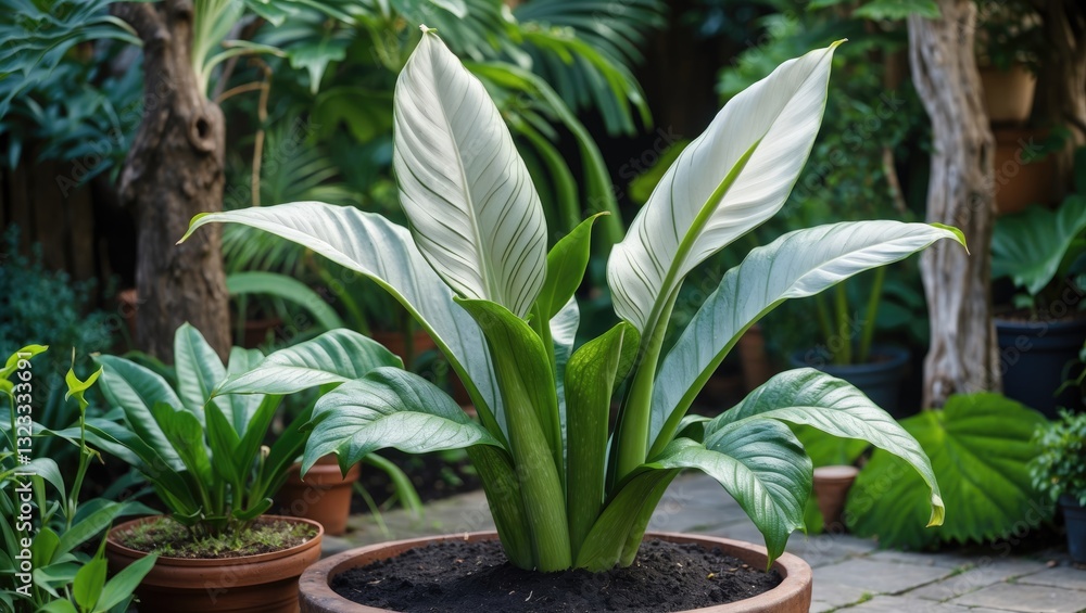 Lush garden setting featuring vibrant green Alocasia Okinawa Silver with striking silver leaves in a terracotta pot surrounded by tropical plants. Lush garden setting featuring vibrant green Alocasia Okinawa Silver with striking silver leaves in a terracotta pot surrounded by tropical plants.