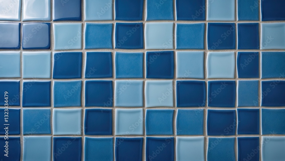 Blue mosaic tile pattern featuring varying shades of blue arranged in a grid layout with a glossy finish capturing light reflections. Blue mosaic tile pattern featuring varying shades of blue arranged in a grid layout with a glossy finish capturing light reflections.