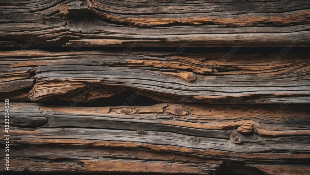 Fototapeta premium Aged wooden planks with deep brown and gray hues layered horizontally showcasing intricate textures and weathered details for rustic backgrounds.