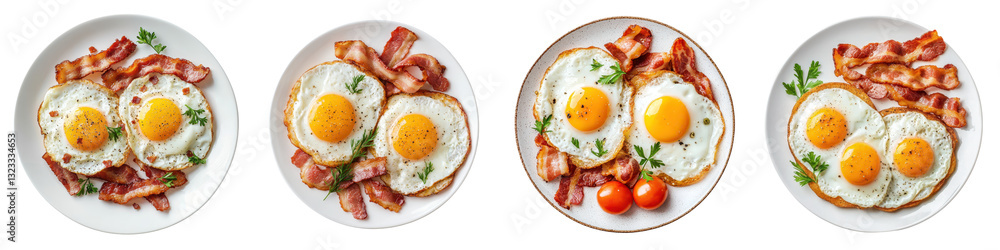 Delectable Breakfast Spread of Fried Eggs Crispy Bacon Savory Sausage and Juicy Grilled Tomatoes Arranged Artfully on Ceramic Plates Showcasing a Hearty and Appetizing Morning Meal Delectable Breakfast Spread of Fried Eggs Crispy Bacon Savory Sausage and Juicy Grilled Tomatoes Arranged Artfully on Ceramic Plates Showcasing a Hearty and Appetizing Morning Meal