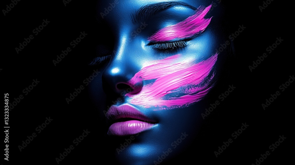 Abstract artistic portrait of a woman with neon pink paint strokes on deep black background. Fashion and beauty concept Abstract artistic portrait of a woman with neon pink paint strokes on deep black background. Fashion and beauty concept