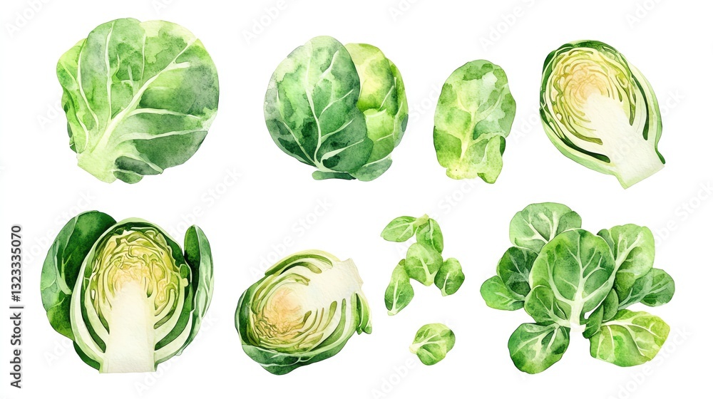 Vegetables and farm produce. Collection set watercolor fresh farm vegetables. Fresh green cabbages and sprouts assortment. Vegetables and farm produce. Collection set watercolor fresh farm vegetables. Fresh green cabbages and sprouts assortment.