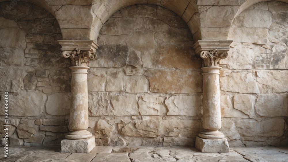 Aged limestone background featuring two ornate columns on either side with textured stone wall in neutral beige and grey tones.