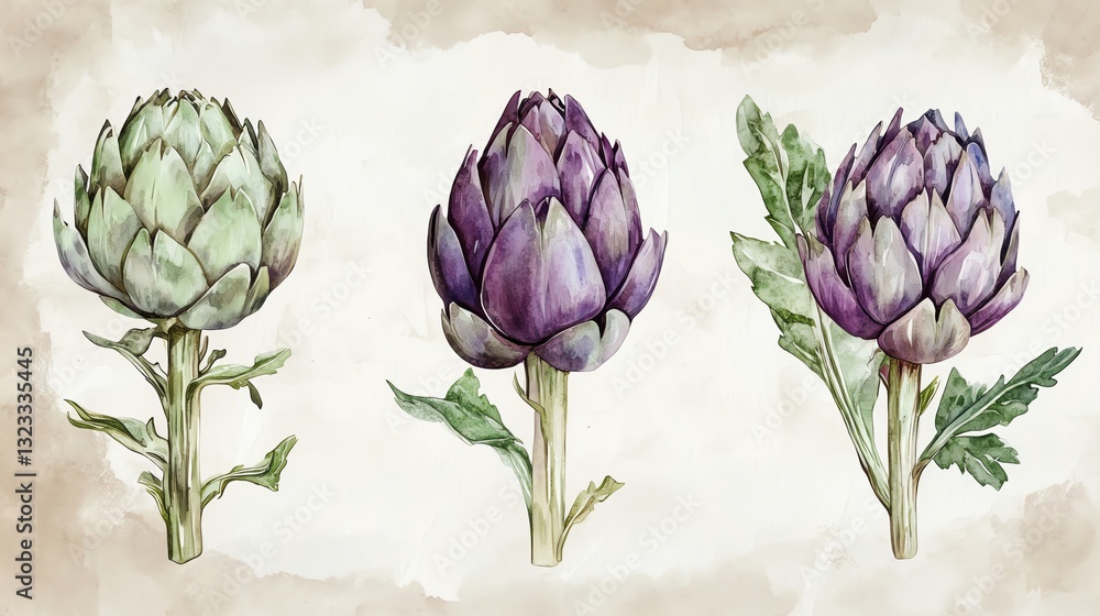 Fototapeta premium Vegetables and farm produce. Collection set watercolor fresh farm vegetables. Elegant watercolor artichokes on soft background.