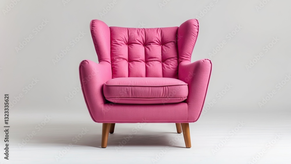 Fototapeta premium Pink mid-century modern armchair with tufted upholstery and wooden legs centered on a soft gray background. decoraÃ§Ã£o elegante e vibrante.
