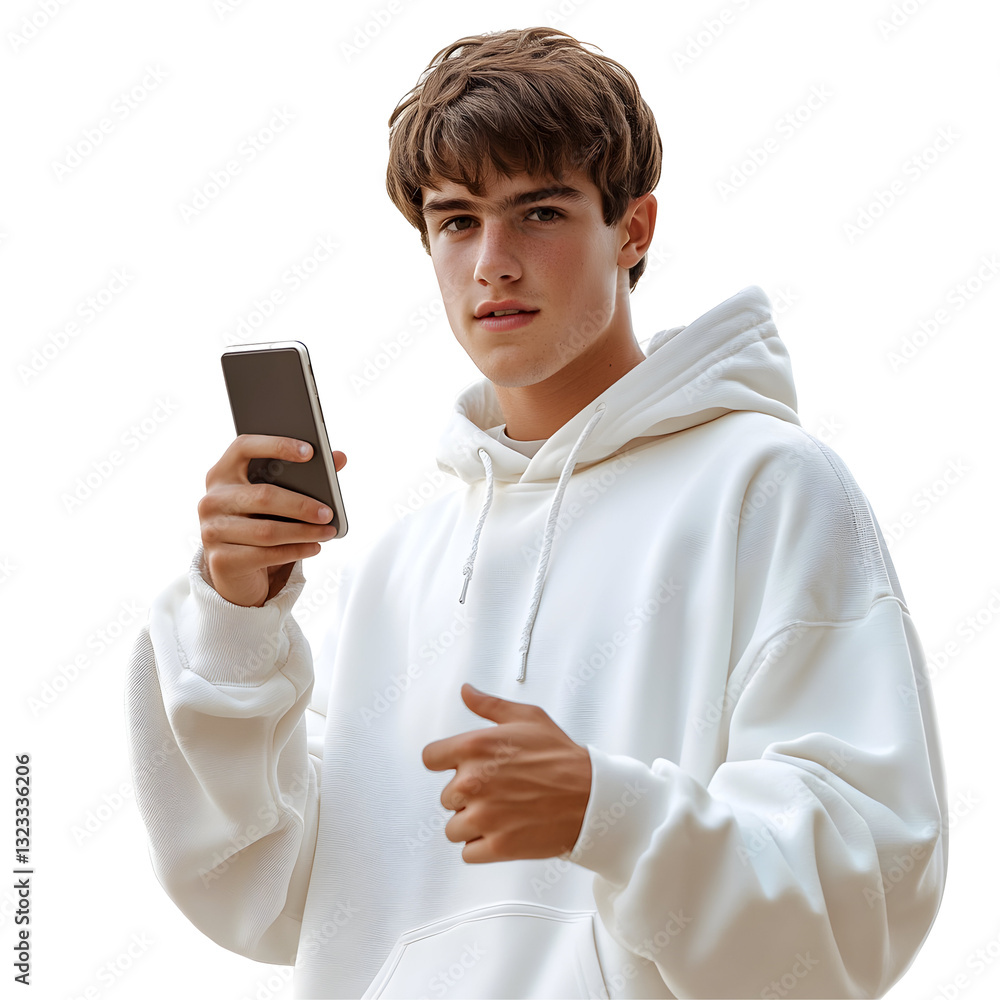 Young Person in White Hoodie Holding Smartphone Transparent Young Person in White Hoodie Holding Smartphone Transparent