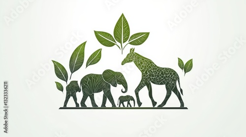 Sustainable wildlife art displaying elephants and giraffes amidst greenery nature graphic studio eco-friendly concept photo