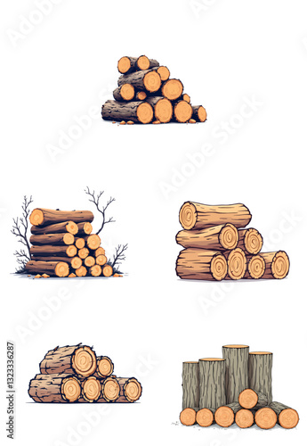 Vsai set of wood logs showing different arrangements for timber industry