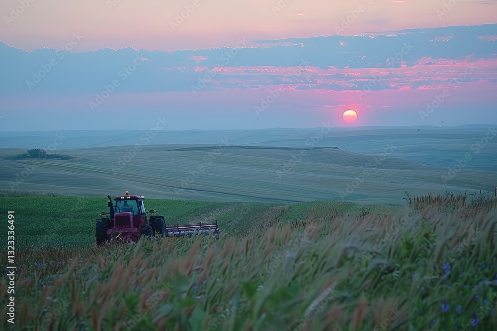 Fototapeta premium Tranquil sunset over rolling fields with tractor in scenic rural landscape.