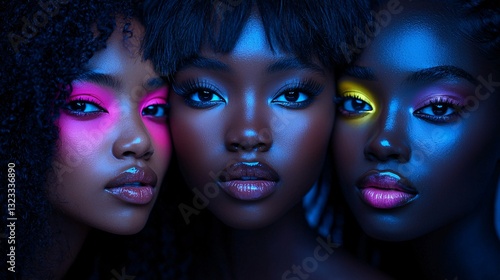 Three Diverse Women with Neon Makeup Under Dramatic Lighting