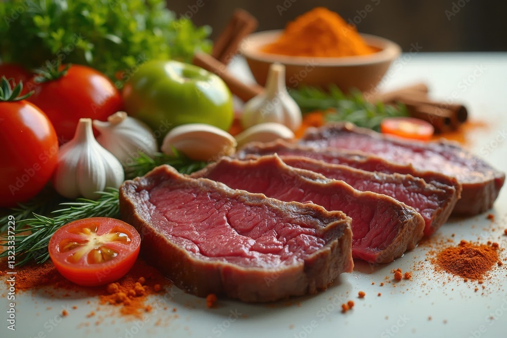 Freshly sliced beef with vibrant vegetables and spices on a rustic kitchen countertop at morning light Freshly sliced beef with vibrant vegetables and spices on a rustic kitchen countertop at morning light