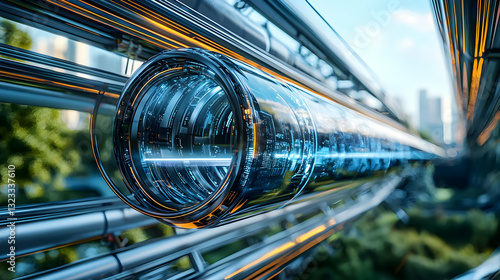 Futuristic Tunnel Transportation System With Blue Digital Lights And Urban City Skyline Background