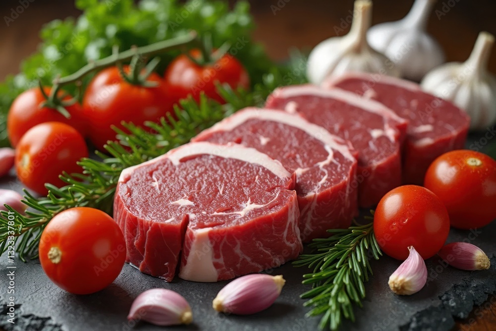 Freshly cut beef steaks displayed on a stone plate with garlic, tomatoes, and herbs in a rustic kitchen setting Freshly cut beef steaks displayed on a stone plate with garlic, tomatoes, and herbs in a rustic kitchen setting