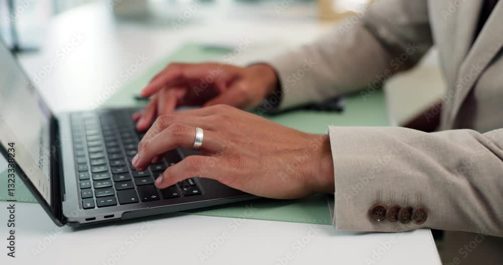Hands, accounting or businessman on laptop for budget savings, news update or research. Financial report, audit or investment banker typing online for money management, taxes review or profit growth Hands, accounting or businessman on laptop for budget savings, news update or research. Financial report, audit or investment banker typing online for money management, taxes review or profit growth