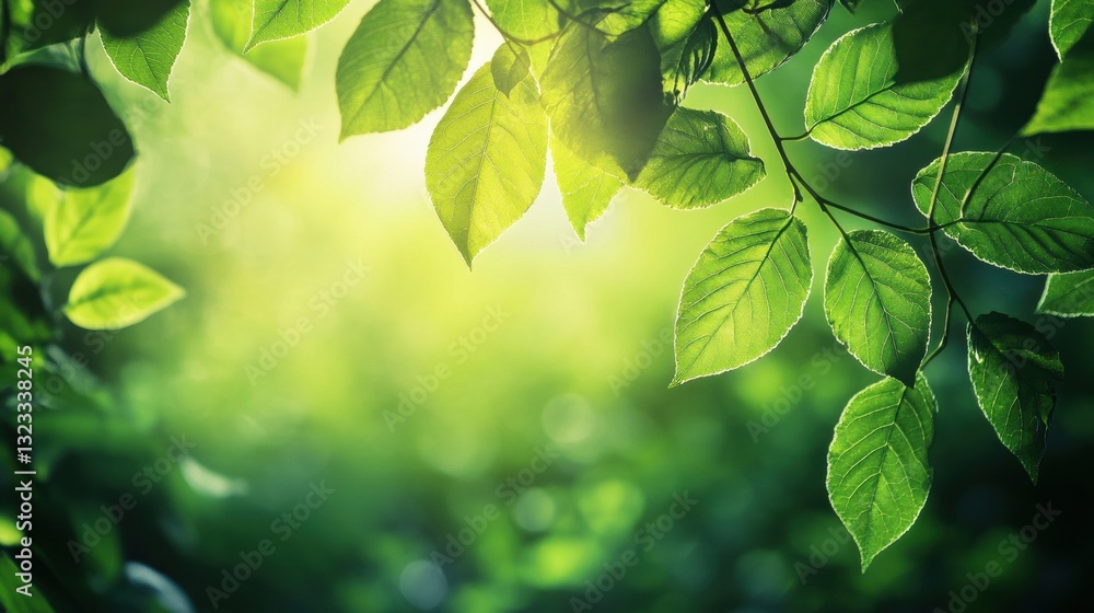 Obraz premium Sunlight filtering through lush green leaves in a verdant forest canopy