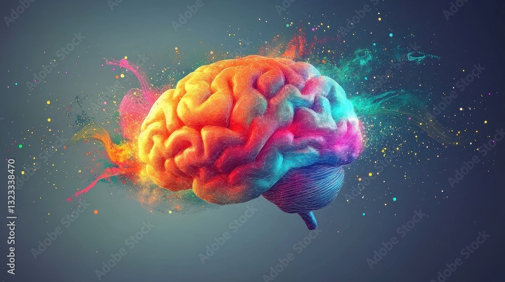 Vibrant abstract digital art of human brain with colorful paint splashes Vibrant abstract digital art of human brain with colorful paint splashes