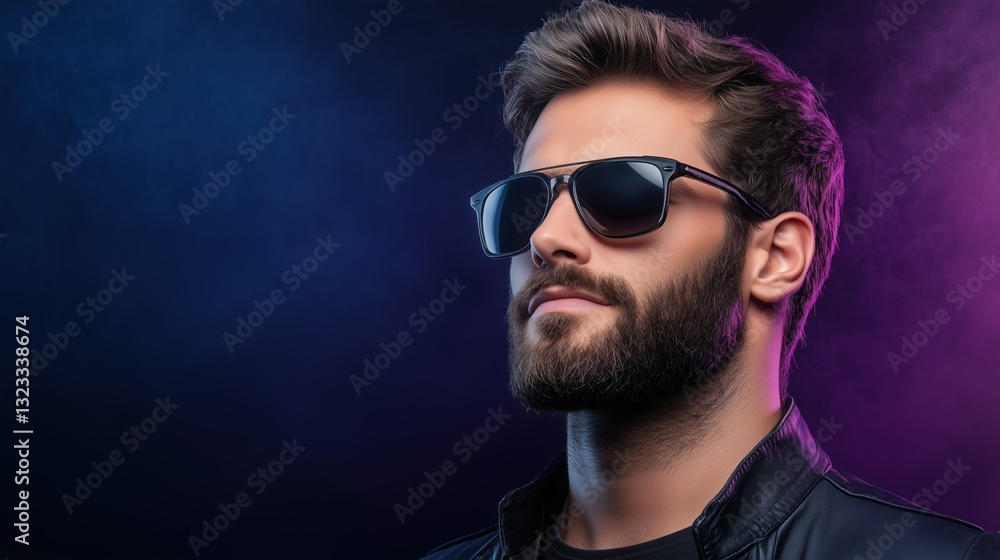 Close-up portrait of a stylish bearded man wearing sunglasses and a black leather jacket with moody blue and purple lighting. Fashion and confidence. Close-up portrait of a stylish bearded man wearing sunglasses and a black leather jacket with moody blue and purple lighting. Fashion and confidence.