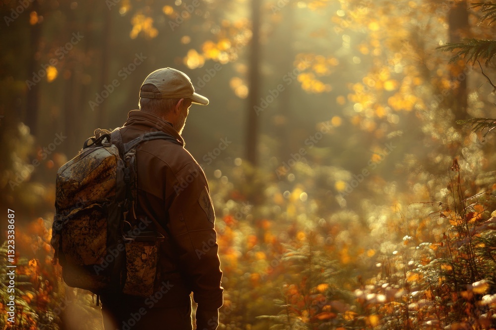 Fototapeta premium A person hiking through dense woods, carrying a backpack