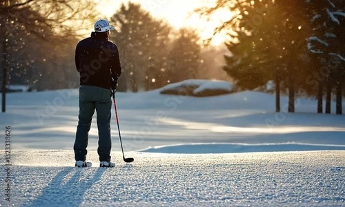 Golfer contemplating a shot on a snowy course at sunset, surrounded by tranquil winter scenery