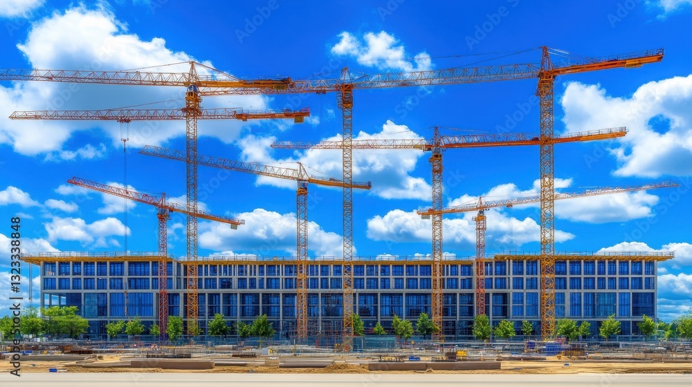 A large-scale industrial site with towering cranes assembling a factory structure A large-scale industrial site with towering cranes assembling a factory structure