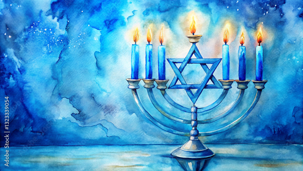 Fototapeta premium watercolor background Hanukkah Blue candles Star of David 