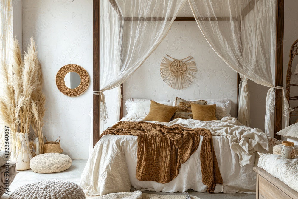 Bohemian bedroom with a canopy bed and neutral textiles.