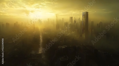 City skyline shrouded in haze, sun breaking through, post-apocalyptic concept for digital art