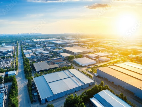 Aerial view of an industrial area during sunset, showcasing warehouses and roads surrounded by greenery. photo